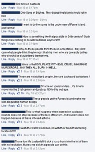 A sample of the many comments on the 'Grindstop 2014' Facebook page about the grind, which illustrate the hatred and aggression shown towards Faroese people. Screenshot - http://on.fb.me/XVvI4Q